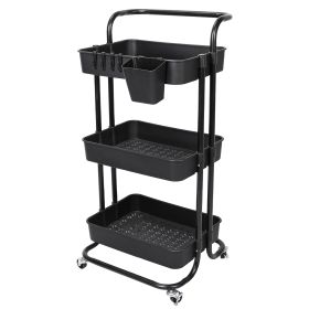 3 Tier Rolling Utility Cart Movable Storage Organizer with Mesh Baskets Lockable Wheels 360 Degree Rotatable Hanging Box Hooks Bedroom Bathroom K