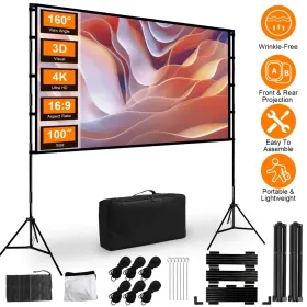 100inch/120inch Options Projector Screen With Stand 16:9 4K HD Rear Front Wrinkle-Free Portable And Foldable Movie Screen With Carry Bag For Indo (Option: 100IN)